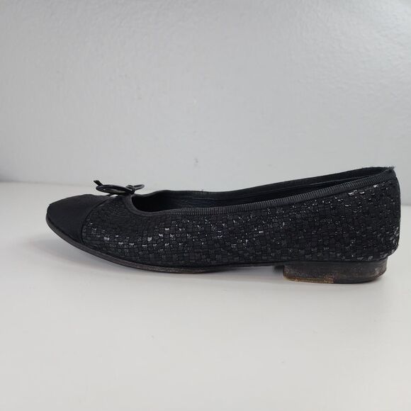 Chanel Glitter Tweed Ballet Flats Black Grosgrain Cap Toe Bow 37 Made in Italy - Picture 9 of 16